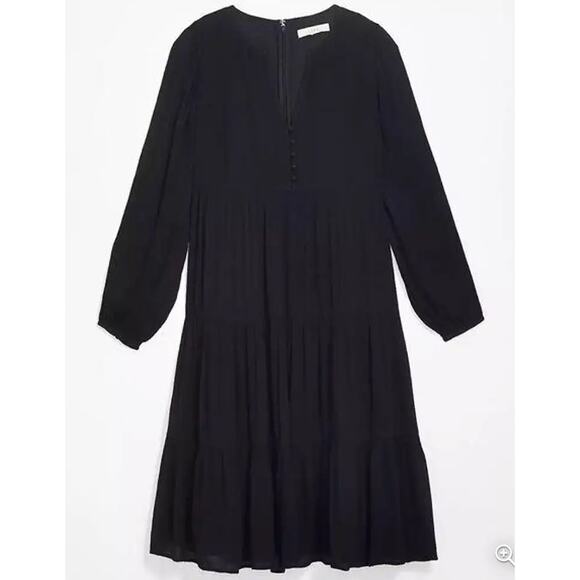 LOFT NWT Black Swing Tiered Button Front Long Sleeve Midi Dress // M - Picture 1 of 8